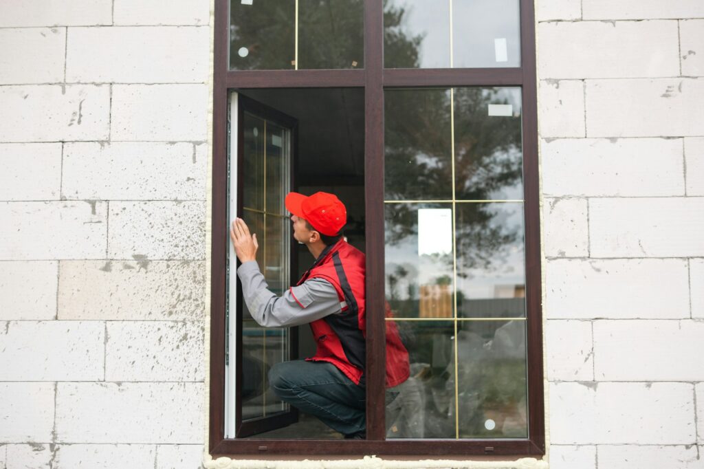 The window installer adjusts the hinges and checks new windows in the cottage under construction. Or